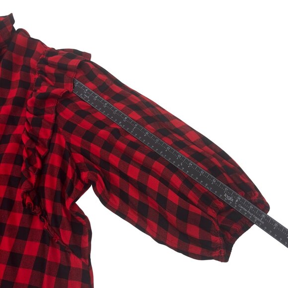 Cato Red & Black Plaid Button-Up Shirt With Ruffle Sleeves Womens Size 26/28W - Picture 7 of 12